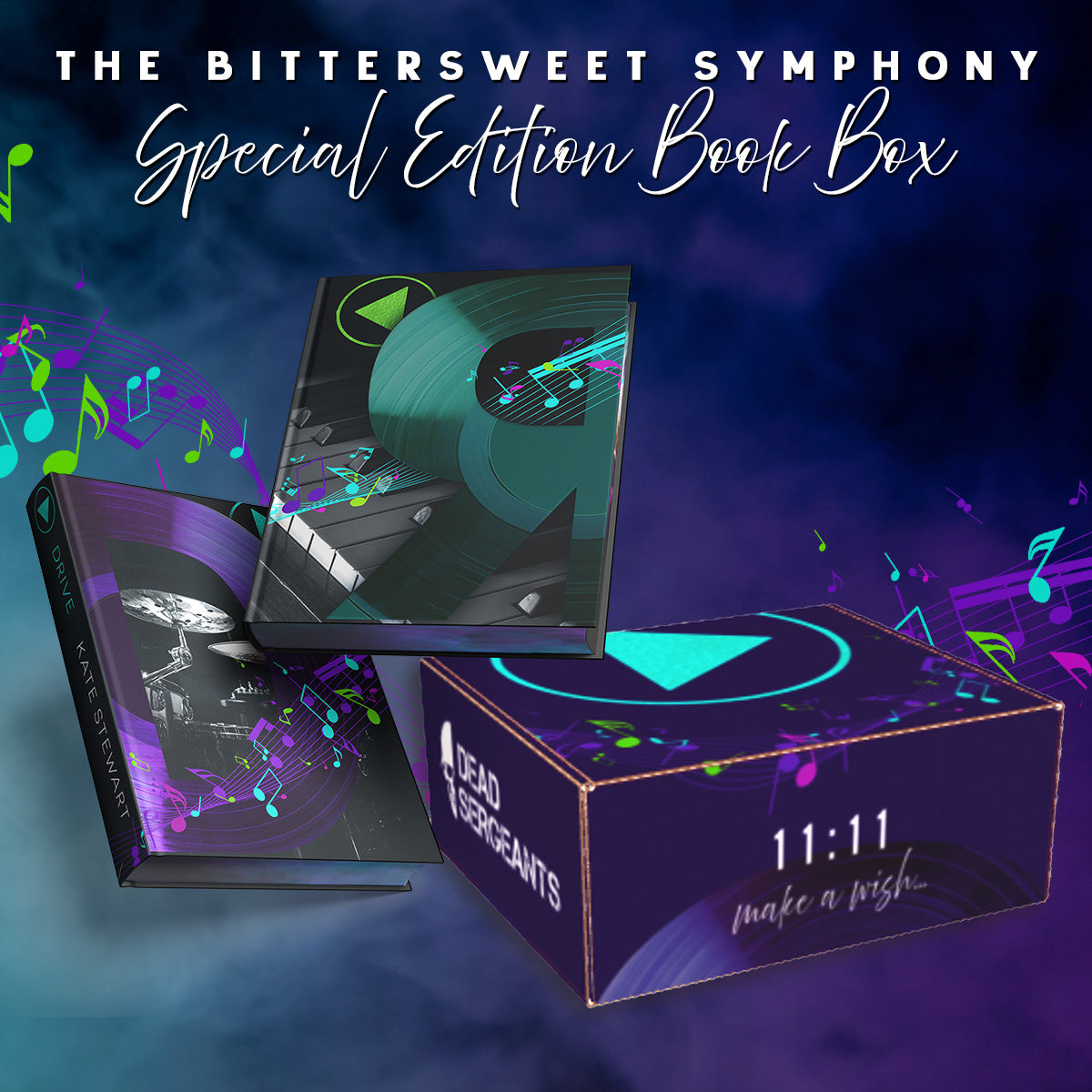 A special edition book box set for 'The Bittersweet Symphony' featuring two hardback books with foil details, custom artwork endpages, and a variety of seven hand-crafted keepsakes including a candle, bracelet, car diffuser, solid perfume, lip balm, and a rearview car charm.