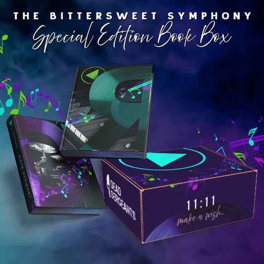 A special edition book box set for 'The Bittersweet Symphony' featuring two hardback books with foil details, custom artwork endpages, and a variety of seven hand-crafted keepsakes including a candle, bracelet, car diffuser, solid perfume, lip balm, and a rearview car charm.
